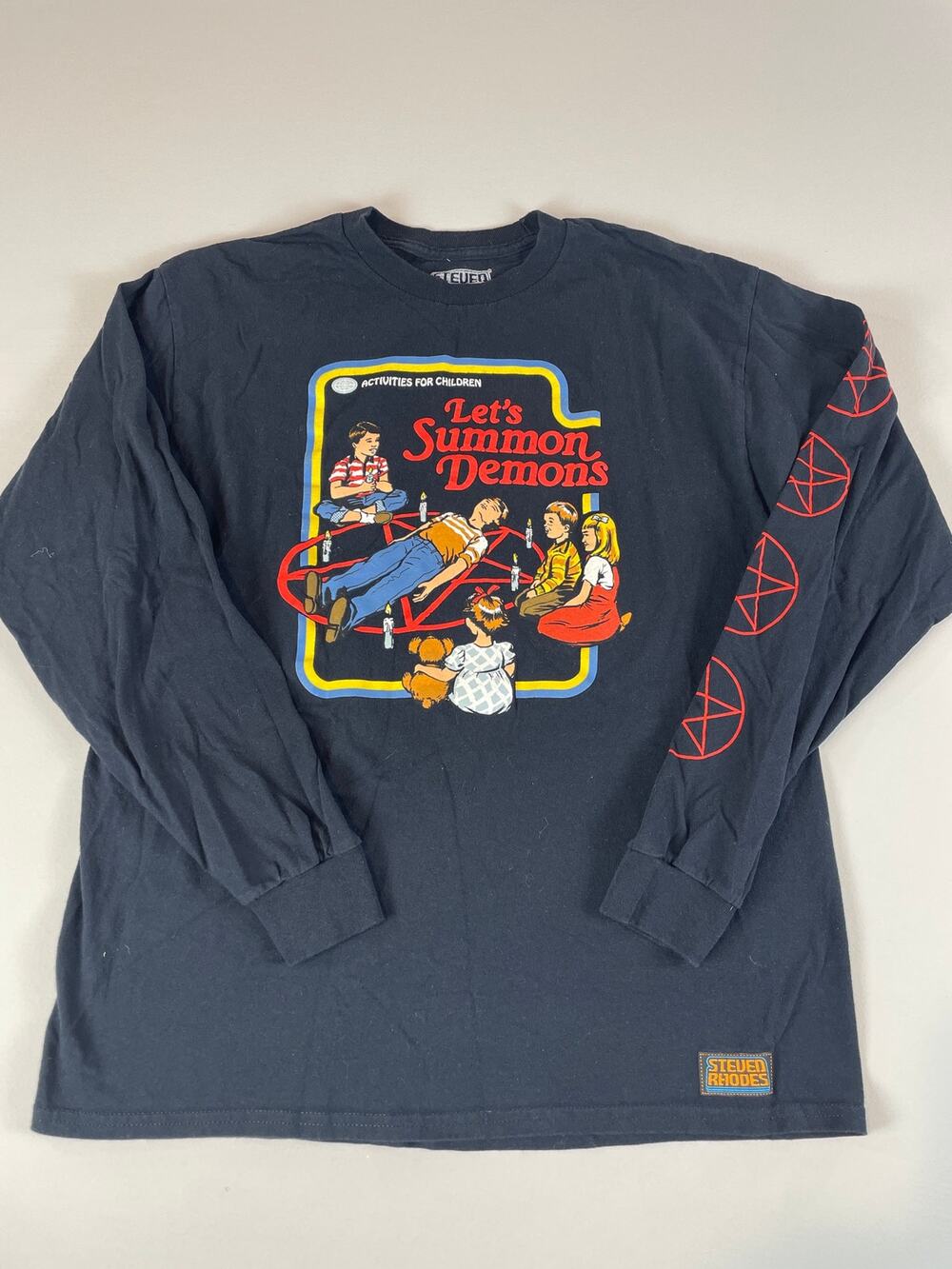 Steven Rhodes Black Graphic Tee Activities for Children Let’s Summon Demons Sz L